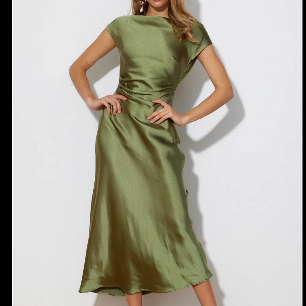 Faithful Nights Olive Green Satin Dress